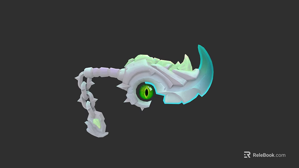 Mystical Axe Weapon With Green Glowing Eye White And Blue Bone Structure 3d model 