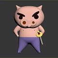 Pink Pig Doll With Angry Expression Purple Pants Holding Yellow Lollipop
