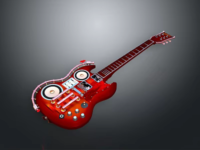 Red Electric Guitar With Two Circular Speakers And Control Knobs For Home Use 3d model