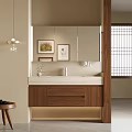 Modern Bathroom Vanity With Wooden Cabinets Mirror Countertop And Decorative Paintings