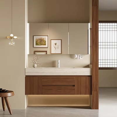 Modern Bathroom Vanity With Wooden Cabinets Mirror Countertop And Decorative Paintings 3d model