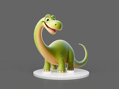 Cute Green Cartoon Dinosaur Reptile With Long Neck Smiling Expression Standing on White Base 3d model