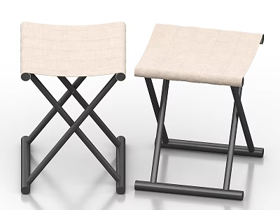 Modern Folding Stool Featuring Light Beige Fabric Seat And Black Metal Frame 3d model