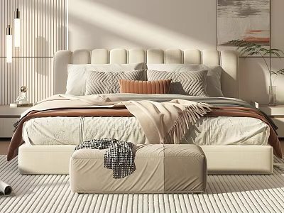 Cozy Modern Double Bed with Upholstered Headboard Soft Pillows Throw Blanket and Bed Bench 3d model