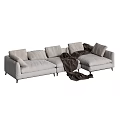 Modern Light Gray Sectional Sofa Set With Multiple Cushions And Dark Brown Blanket 3d model