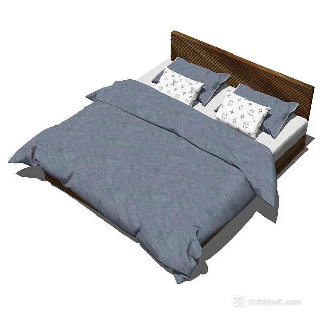 Double Bed with Wooden Headboard Blue Quilt and Patterned Pillows 3d model