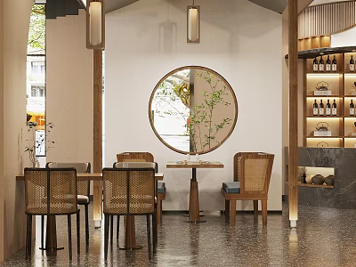 Elegant Modern Restaurant Interior With Wicker Chairs Wooden Tables And Round Mirror 3d model