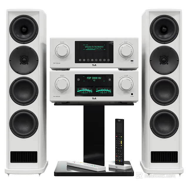 Modern Home Audio System with White Floor Speakers Amplifier and Remote Control 3d model 