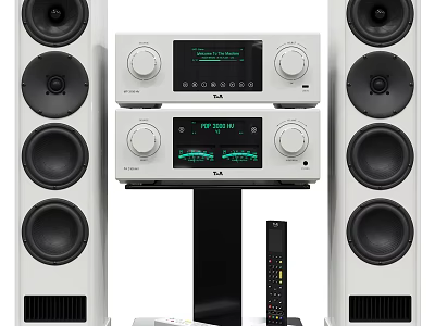 Modern Home Audio System with White Floor Speakers Amplifier and Remote Control 3d model