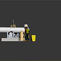 Construction Site Setup With White Pipe Tripod Yellow Bucket Worker And Wooden Planks