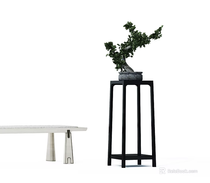 Elegant Bonsai Plant Placed On Black Tall Plant Stand With White Bench In White Background 3d model 
