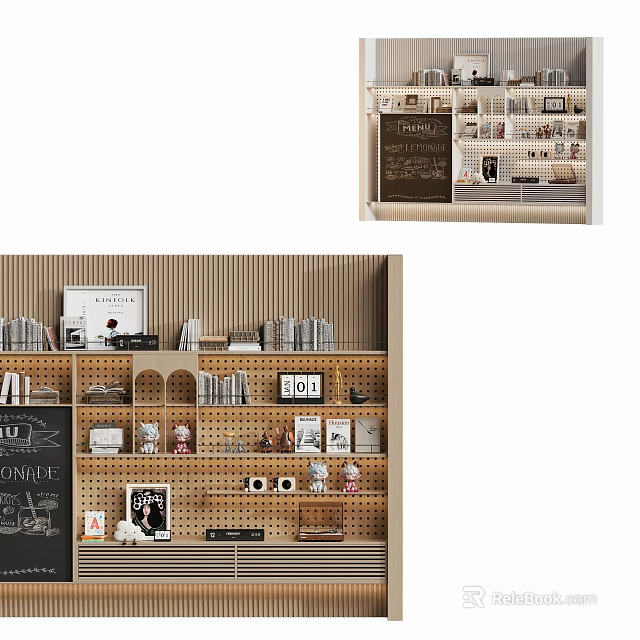 Cozy Modern Wooden Bookshelf with Books Decorations Photo Frames and Ornaments 3d model 