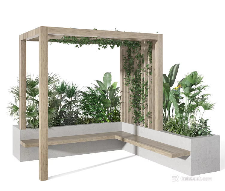 Wooden Pergola with Vines and Stone Bench Surrounded by Lush Green Plants 3d model 