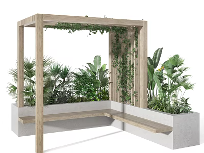 Wooden Pergola with Vines and Stone Bench Surrounded by Lush Green Plants 3d model