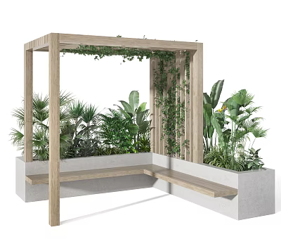 Wooden Pergola with Vines and Stone Bench Surrounded by Lush Green Plants 3d model