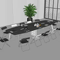 Modern Office Conference Table With Black Surface White Black Chairs Green Plant And Large Windows