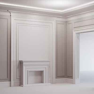 Modern Living Room Interior Featuring White Wall Paneling And Fireplace Design 3d model