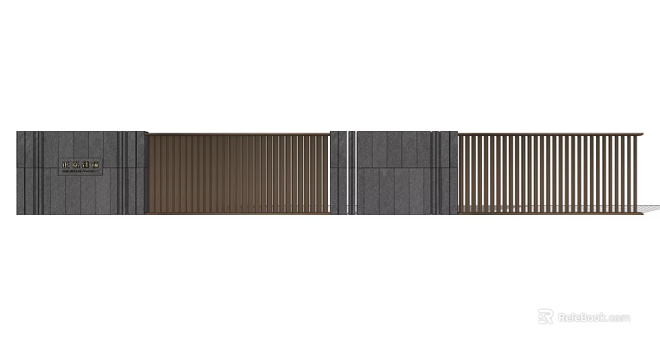 Modern Building Exterior Wall Featuring Wooden Slats And Gray Stone Panels 3d model 