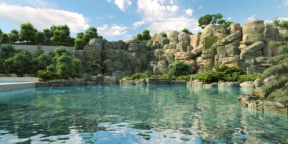 Garden Feature With Rocky Rockery Clear Pond And Lush Greenery Under Blue Sky 3d model 