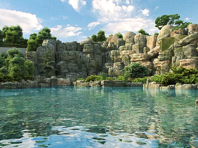 Garden Feature With Rocky Rockery Clear Pond And Lush Greenery Under Blue Sky 3d model
