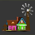 Cartoon Scene with Colorful Houses Red Roof Windmill Wooden Fence and Green Grass