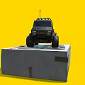 Electric Toy Remote Control Car Black with Antenna Big Wheels on Packaging Box Yellow Background