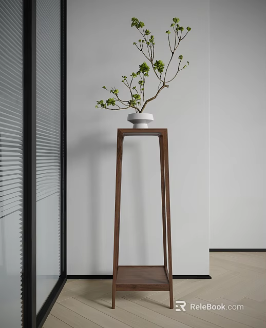 Modern Minimalist Wooden Plant Stand With White Planter And Green Plant In Interior 3d model 