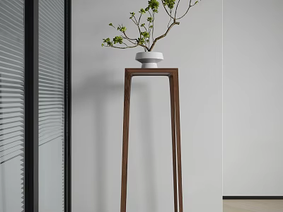 Modern Minimalist Wooden Plant Stand With White Planter And Green Plant In Interior 3d model