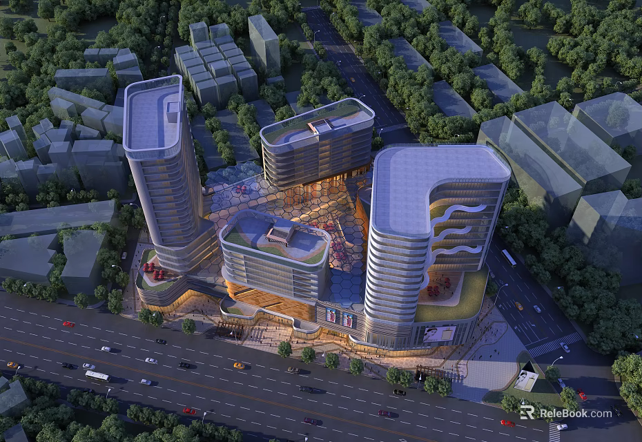 Aerial Planning of Modern Urban Architectural Development With Tall Buildings Greenery And Roads 3d model 