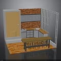 Kitchen Interior Design With Orange Door Brick Wall Gray Cabinets Island Stools And Orange Floor