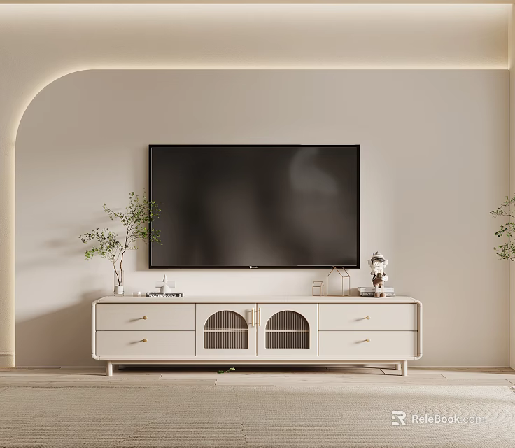 White TV Stand Featuring Large TV Drawers Lattice Doors with Green Plants and Soft Lighting 3d model 