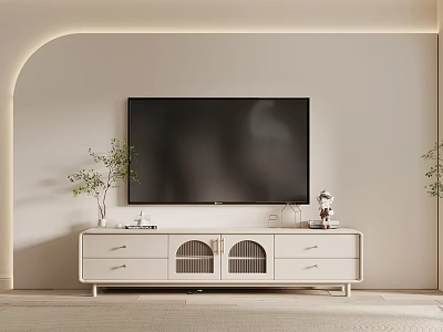 White TV Stand Featuring Large TV Drawers Lattice Doors with Green Plants and Soft Lighting 3d model