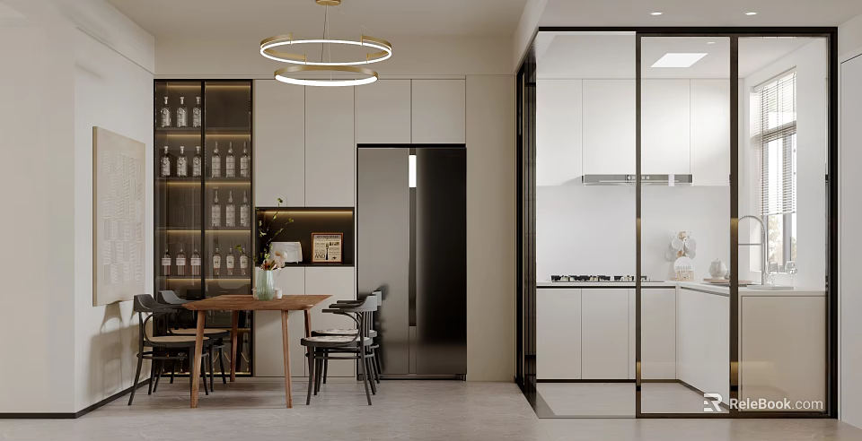 Contemporary Restaurant Kitchen Design With Open Layout Dining Table And Pendant Lights 3d model 
