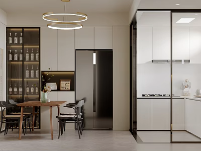 Contemporary Restaurant Kitchen Design With Open Layout Dining Table And Pendant Lights 3d model