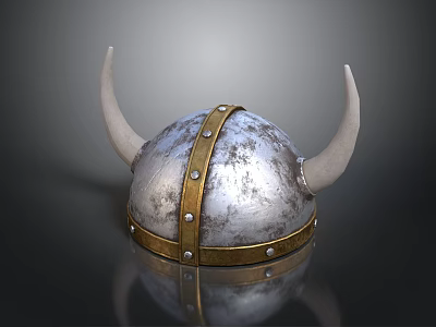 Medieval Horned Silver Weapon Helmet Featuring Golden Straps Rivets And Shiny Surface 3d model