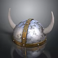 Medieval Horned Silver Weapon Helmet Featuring Golden Straps Rivets And Shiny Surface