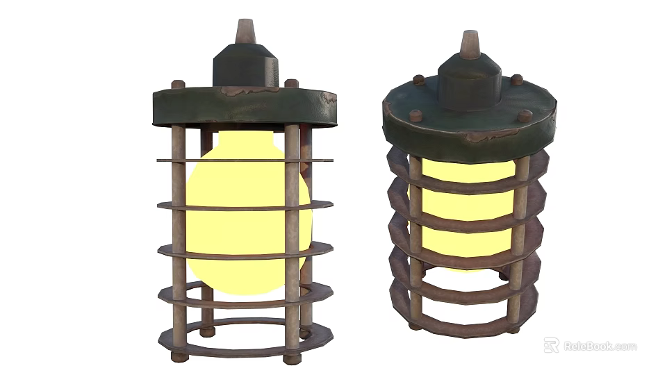 Two Industrial Style Furniture Lighting Fixtures With Metal Frame And Yellow Bulb 3d model 