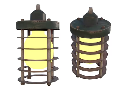Two Industrial Style Furniture Lighting Fixtures With Metal Frame And Yellow Bulb 3d model