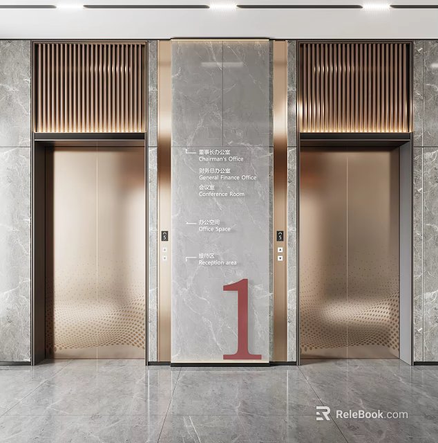 Modern Luxury Elevator Design With Metallic Doors Marble Walls And Number 1 3d model 