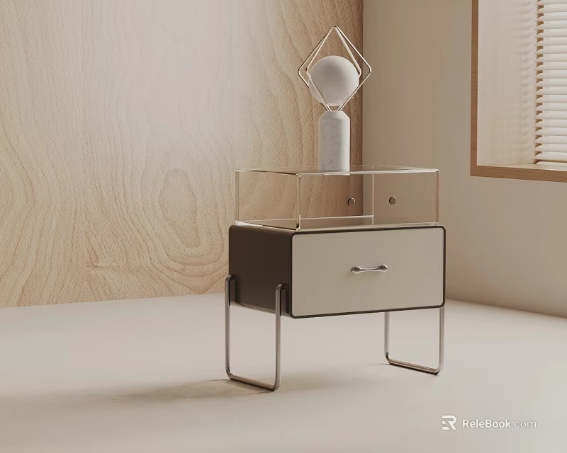 Modern Side Table With Metal Legs Transparent Top Wooden Cabinet White Drawer And Decorative Ornament 3d model 