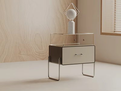 Modern Side Table With Metal Legs Transparent Top Wooden Cabinet White Drawer And Decorative Ornament 3d model