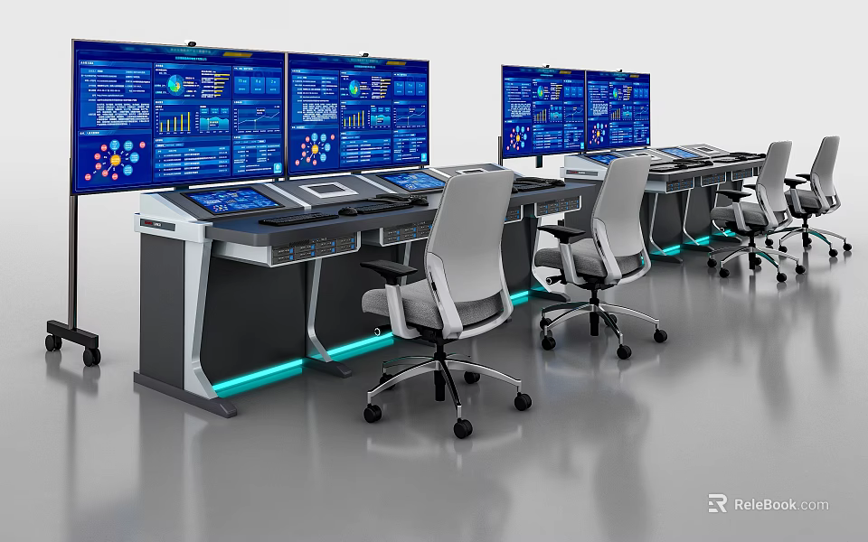 Modern Control Desks With Multiple Screens Data Displays Ergonomic Chairs And Blue Lighting 3d model