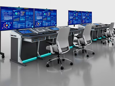 Modern Control Desks With Multiple Screens Data Displays Ergonomic Chairs And Blue Lighting 3d model