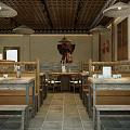 Traditional Restaurant Interior with Wooden Tables Benches Brick Wall Perforated Ceiling and Decorative Vases