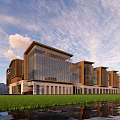 Modern Commercial Complex Featuring Glass Curtain Walls Waterfront View And Lush Greenery Outdoor Space