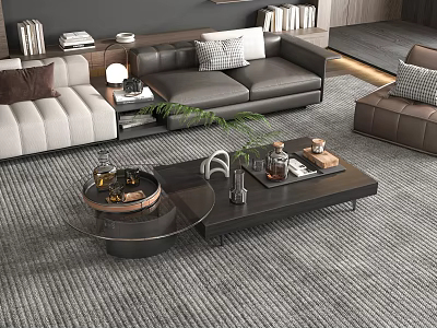 Modern Living Room Coffee Table With Glass Top Black Metal Frame And Sofa Decorative Plants 3d model