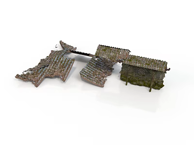 Damaged Traditional Building Roof Structure With Wooden Framing And Moss Covered Sections 3d model