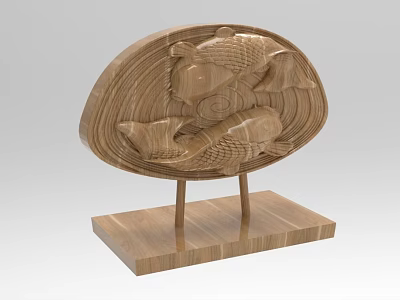 Intricate Wooden Carving Of Two Fish In Oval Shape Stand 3d model