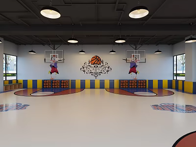 Well Lit Basketball Gym With Multiple Hoops Themed Flooring And Bright Ceiling Lights 3d model