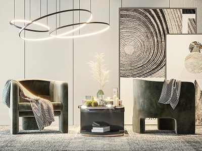 Modern Interior With Comfortable Accent Chairs Throw Blankets Round Side Table Fruits Candles And Books 3d model